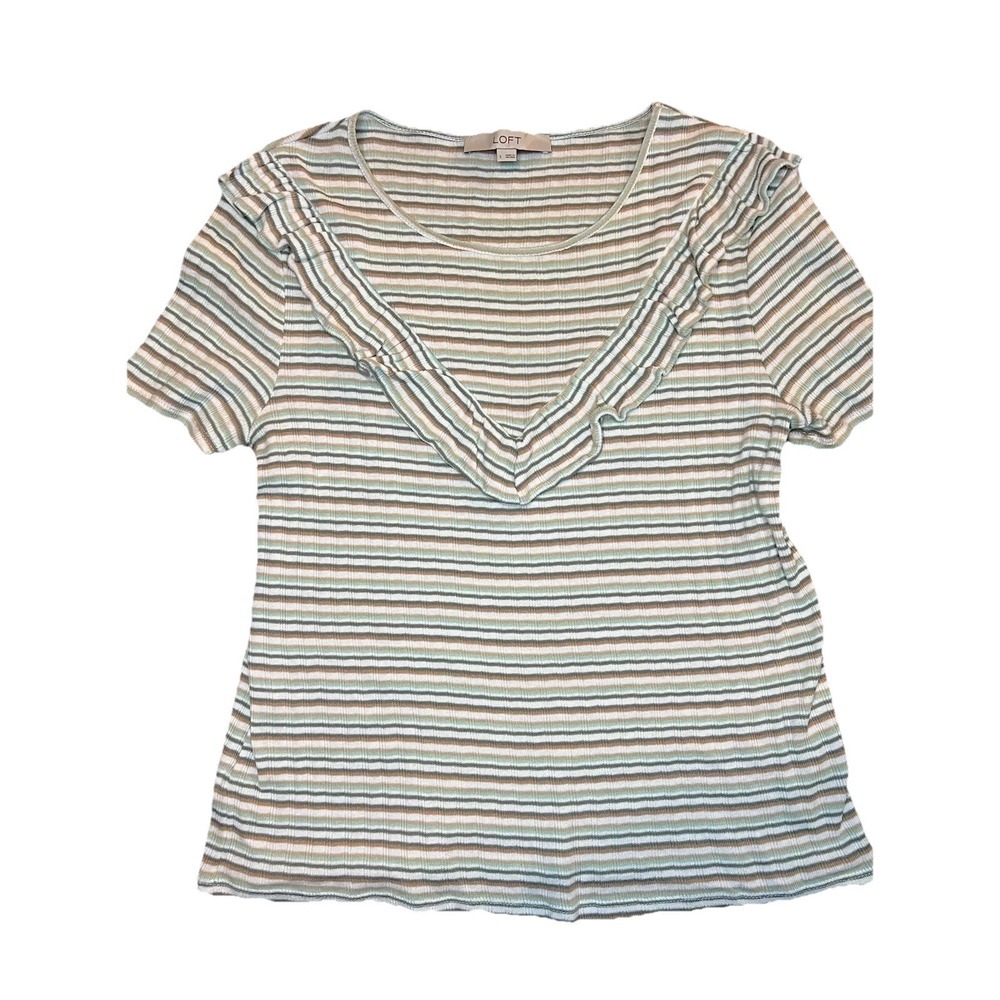 LOFT Women's Ruffle Accent Stretchy Shirt Top Blouse Soft Rib‎ Knit